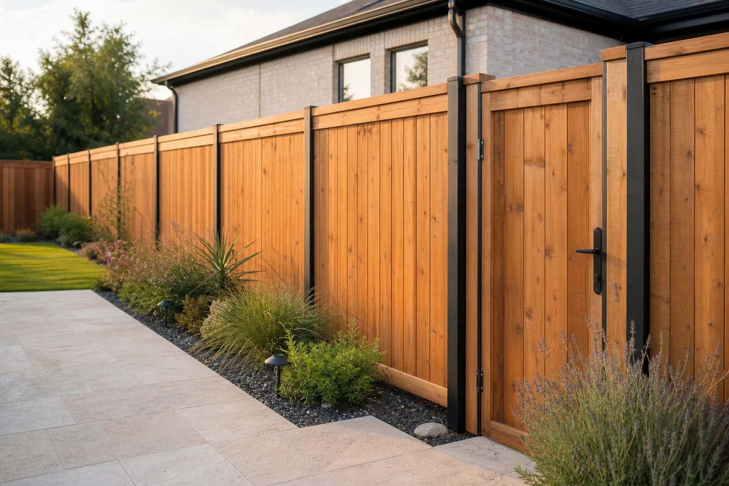 New cedar privacy fence beside a McKinney backyard patio