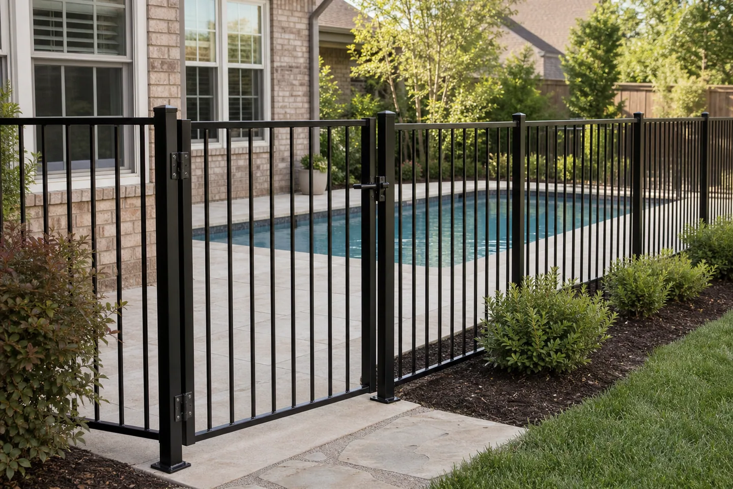Ornamental iron pool fence with a self-closing gate in a McKinney backyard